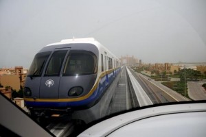 A train passes along the track. The monorail runs four trains between the Gateway Towers and Atlantis stations, with a capacity of 2,400 passengers per hour. Photograph: Mehdi Shirazi/Maktoob Business 