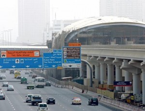 A view of the Dubai Metro's Nakheel station. The Nakheel Metro Station, which services the Red line, is situated close to the fifth interchange on Shaikh Zayed Road.