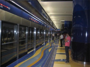 On the subway platform at Khalid Bin Al-Waleed, with automated doors that lead to the driverless trains.