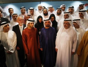 His Highness Shaikh Mohammad Bin Rashid Al Maktoum, Vice President and Prime Minister of the UAE and Ruler of Dubai, with Shaikh Hamdan Bin Mohammad Bin Rashid Al Maktoum, Crown Prince of Dubai, Shaikh Hamdan Bin Rashid Al Maktoum, Deputy Ruler of Dubai and Minister of Finance, Mattar Al Tayer, Chairman of the Board and Executive Director of the RTA, with officials after the inaugural Dubai Metro train arrived at Al Rashidiya Station on Wednesday.