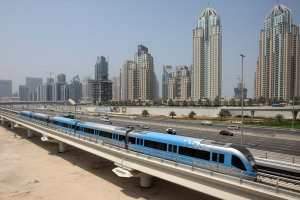 The Dubai Metro taking a test run past Dubai Marina yesterday, a week before its opening on September 9. Stephen Lock / The National