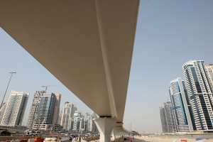 Dubai Metro’s elevated track on Sheikh Zayed Road. Dubai Marina Residence is on the left, and Jumeirah Lakes Towers are on the right. Pawan Singh / The National