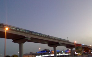 A Dubai Metro Green Line train captured during dusk on Salahuddin Road in Deira, Dubai on Tuesday. Trial runs of the trains have started. (FILE)