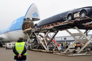   The Superbus is loaded into a KLM cargo airplane at Schiphol airport in The Netherlands.  EPA/LEX VAN LIESHOUT