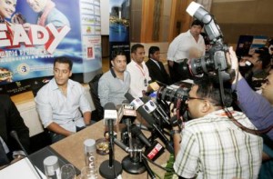     *  Image Credit: Karen Dias/Gulf News     * Photographers take pictures of Bollywood actor Salman Khan at the press conference for his film 'Ready'.