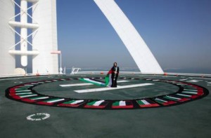     *  Image Credit: Supplied     * Photo of a 40m abaya designed by Lamya Abedin in honour of the UAE’s 40th national day, taken on the helipad of Burj Al Arab by Nabila Abbas with the support of SkyDive Dubai.