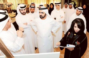      Image Credit: WAM     Shaikh Mohammad being briefed about the tram project by Mattar Al Tayer. Shaikh Maktoum Bin Mohammad BIn Rashid Al Maktoum, Deputy Ruler of Dubai and Engineer Maitha Bin Udai, CEO of RTA Traffic and Roads Agency, are present.