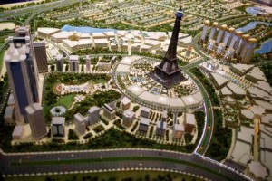 A Falcon city model is seen during the Cityscape real estate exhibition in Dubai