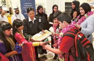 Image Credit: Courtesy: Dubai Festivals and Retail Est A Kuwaiti family is greeted with treats and gifts on their arrival at Dubai International airport.