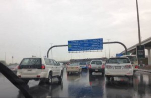 Rain slowed Shaikh Zayed Road in Dubai to a standstill on Wednesday morning. Picture: Jamie Goodwin