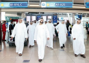 Shaikh Mohammed with Shaikh Maktoum bin Mohammed bin Rashid Al Maktoum and senior officials at the Dubai International Airport. — Wam