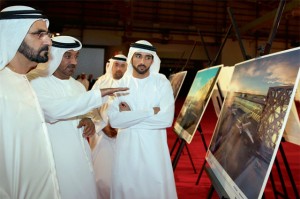 His Highness Shaikh Mohammed bin Rashid Al Maktoum, Vice-President and Prime Minister of the UAE and Ruler of Dubai, being briefed on a number of engineering designs for Al Maktoum International Airport, expected to be the world’s biggest airport when completed.  — Wam