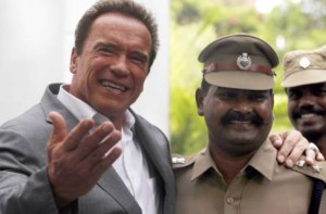 Image Credit: AFP US Hollywood actor Arnold Schwarzenegger (L) shares a light moment as he poses for a photograph alongside an Indian police officer following a meeting with Tamil Nadu Chief Minister J. Jayalalithaa at the State Government Secretriat Building in Chennai on September 15, 2014. Schwarzenegger arrived Chennai amidst tight security to attend a promotional event for the forthcoming Tamil film "I". AFP PHOTO/STR