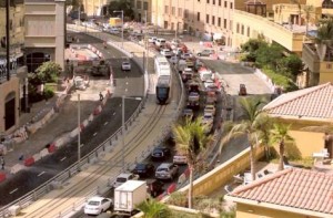 Image Credit: Shweta Jain/Gulf News Traffic congestion in the Jumeirah Beach Residence area as a tram conducts a trial run. Dubai Tram, served by 11 trams and the same number of stations, goes live on November 11.