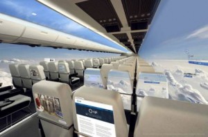 Image Credit: EPA An aircraft cabin concept surrounded by the panoramic views of the windowless aircraft and showing the possible touchscreen and interactive entertainment offered by the wall and seatback displays.