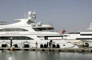 Image Credit: Gulf news archives Visitors tour a superyacht on display at the Dubai International Boat Show at the Dubai International Marina Club Mina Seyahi.