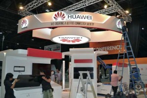 The Huawei pavilion gets some finishing touches at the Internet of Things Expo, which will begin in Dubai today. Supplied photo