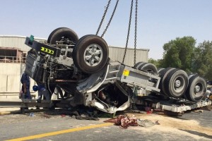 One person was killed in an accident in Jebel Ali, Dubai on Friday when this lorry overturned. There were three major accidents over Eid Al Fitr. Courtesy Dubai Police