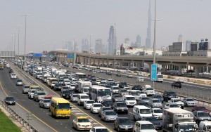 A major traffic congestion builds up on Sheikh Zayed Road in Dubai towards Abu Dhabi as a garbage truck turns over, September 14, 2010.   Photo by Dennis B Mallari