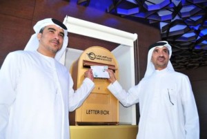 Executive director at Emaar Properties, Ibrahim bin Karam and chief commercial officer of Emirates Post Group, Ahmed Al Falasi pictured of the opening of the world's highest post office at the Burj Khalifa.