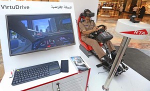 A traffic officer from Oman tests RTA's VirtuDrive simulator during the authority's Gulf Traffic Week event at the Mall of the Emirates in Dubai on Tuesday. - Photo by Dhes Handumon