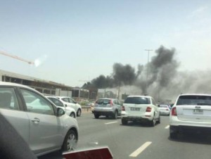 Smoke billows out of a low-rise building in Dubai on Monday.Image Credit: Courtesy: Shoki Jazaerli