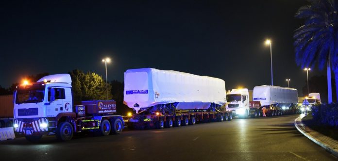 First of the new metro trains arrive in Dubai, the train had been transported to the Metro #Depot at Rashidiya.