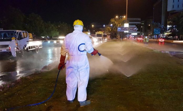 Car parking areas, kerbs and streets were cleaned and sprayed with disinfectants to ensure the safety of residents.